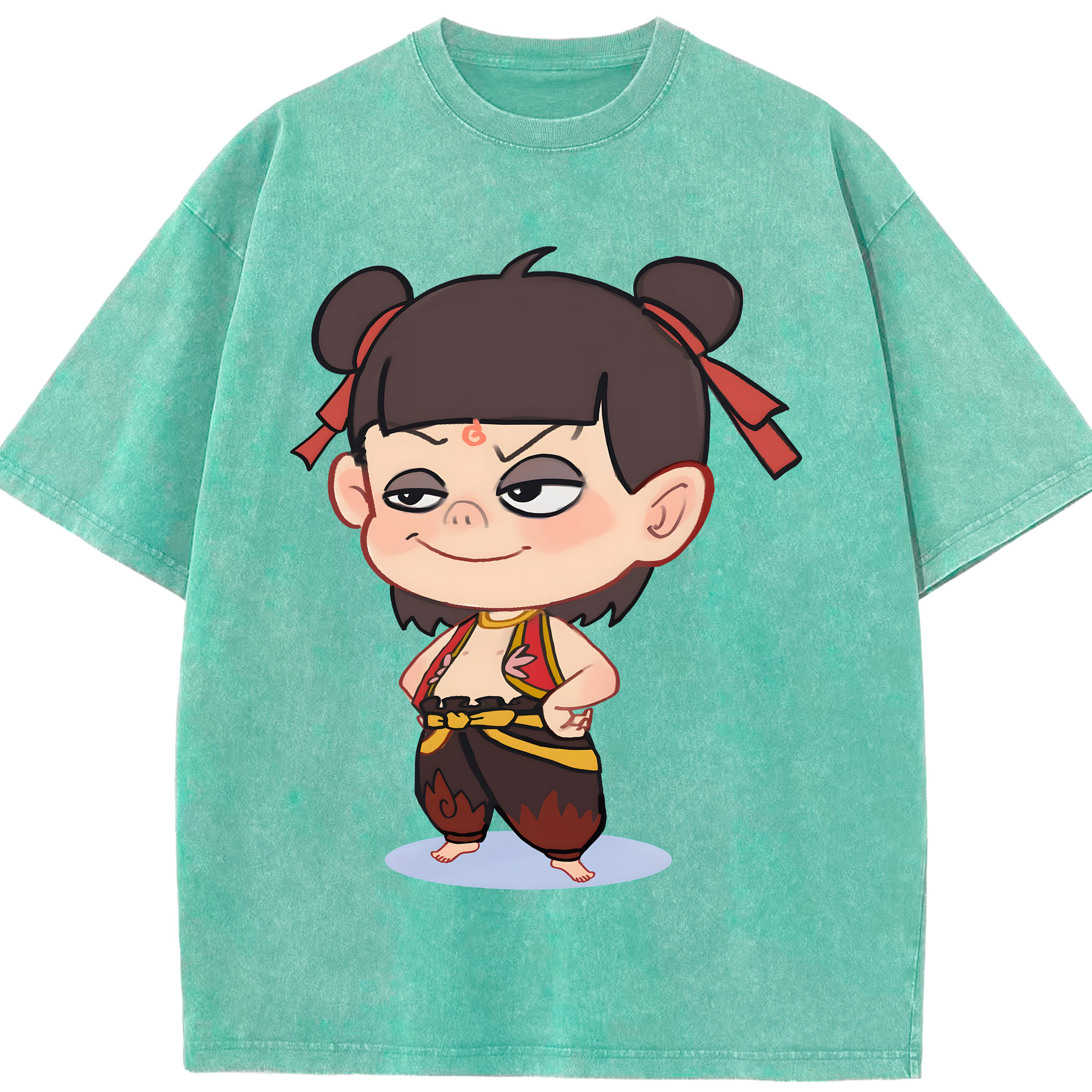 （画像用） Ne Zha 2 ナタ 魔童の大暴れ 綿100% ヴィンテージ風 半袖Tシャツ（フロントプリント）